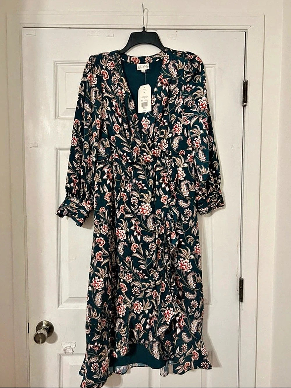Wonderly Petite Faux Wrap Printed Dress Green & Multicolor Large NWT